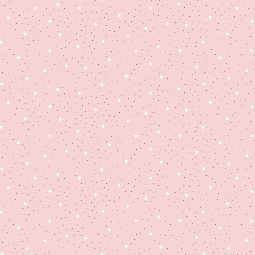 A repeating pattern of small white hearts and tiny dark dots on a soft pink background.