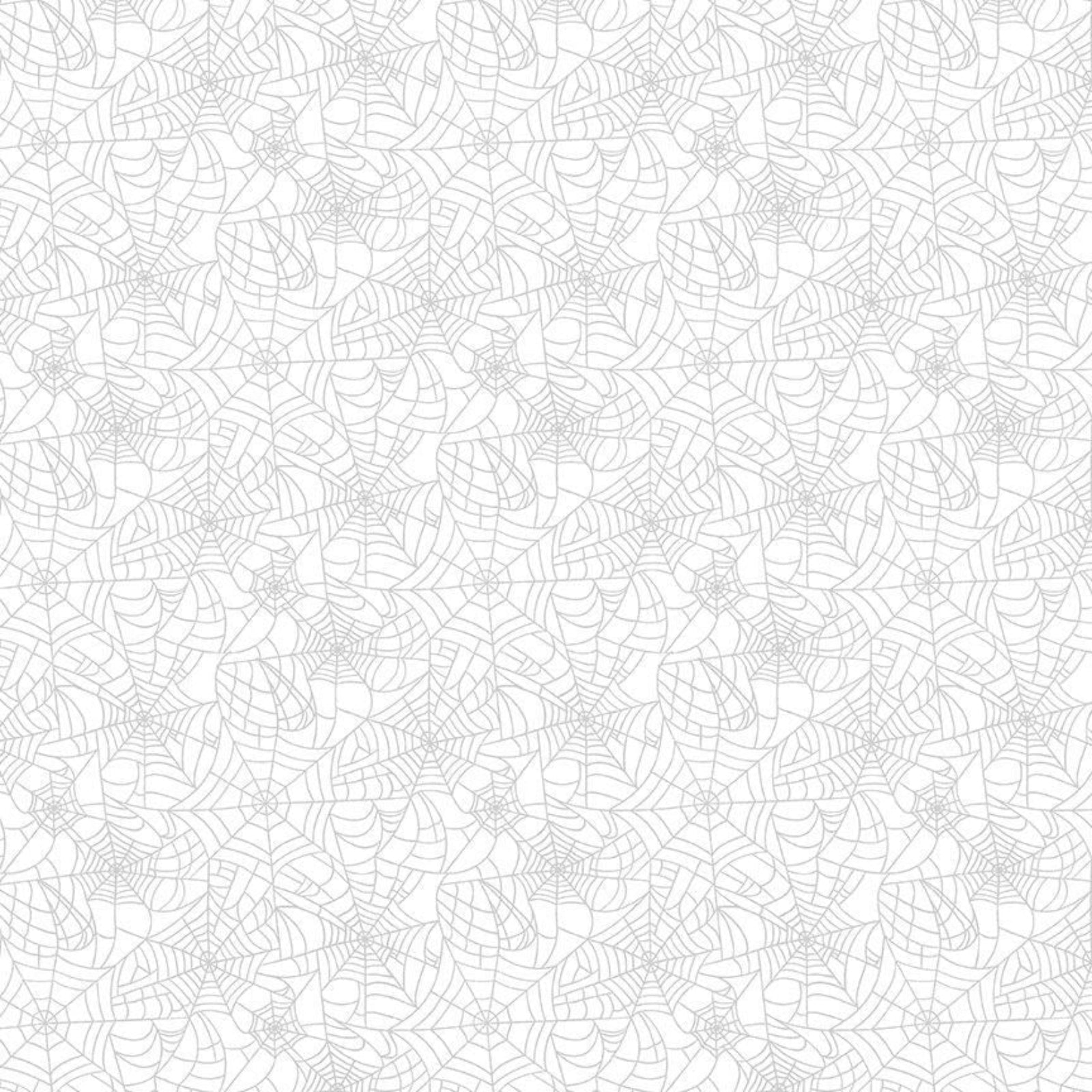 A seamless repeating pattern of intricate spiderwebs drawn in thin white lines on a solid white background.