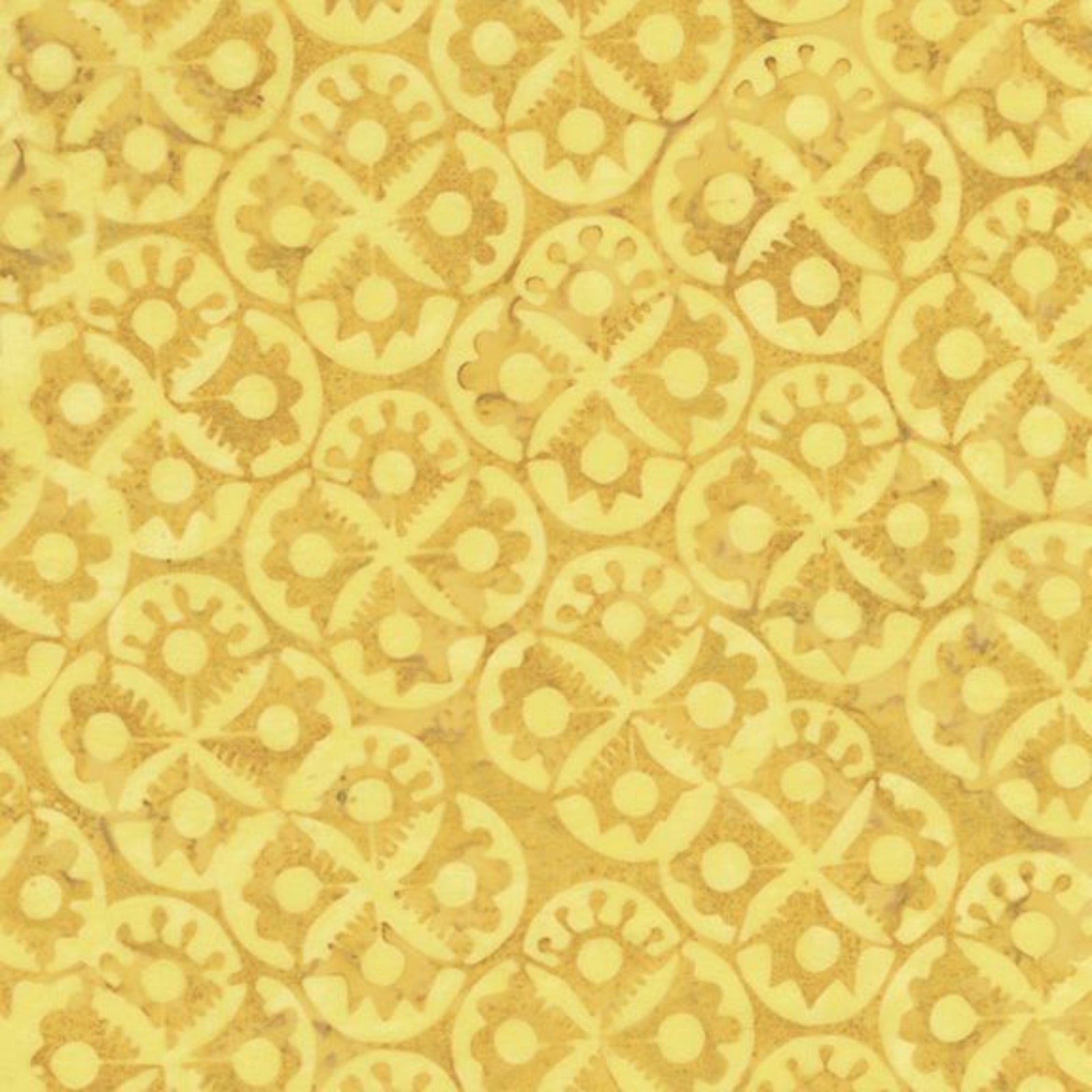 A close-up of a yellow patterned surface with repeating circular and floral motifs in slightly darker golden yellow.