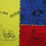 Colorful embroidered designs digitized from a child’s drawings, stitched onto a patchwork fabric panel.