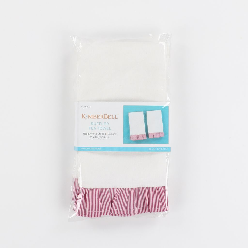 Package of Kimberbell red and white striped tea towels on a white background