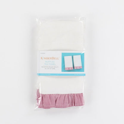 Package of Kimberbell red and white striped tea towels on a white background