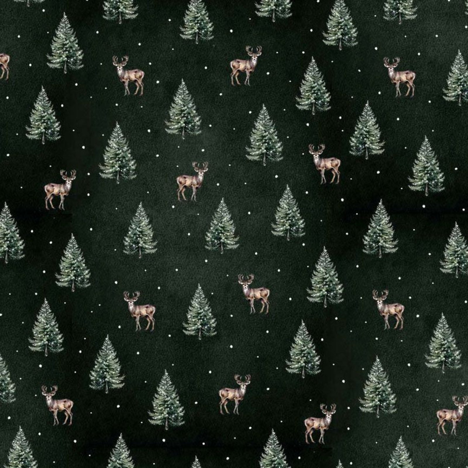 A repeating winter forest pattern on a dark green background, featuring pine trees and brown deer with small white snowflake details.