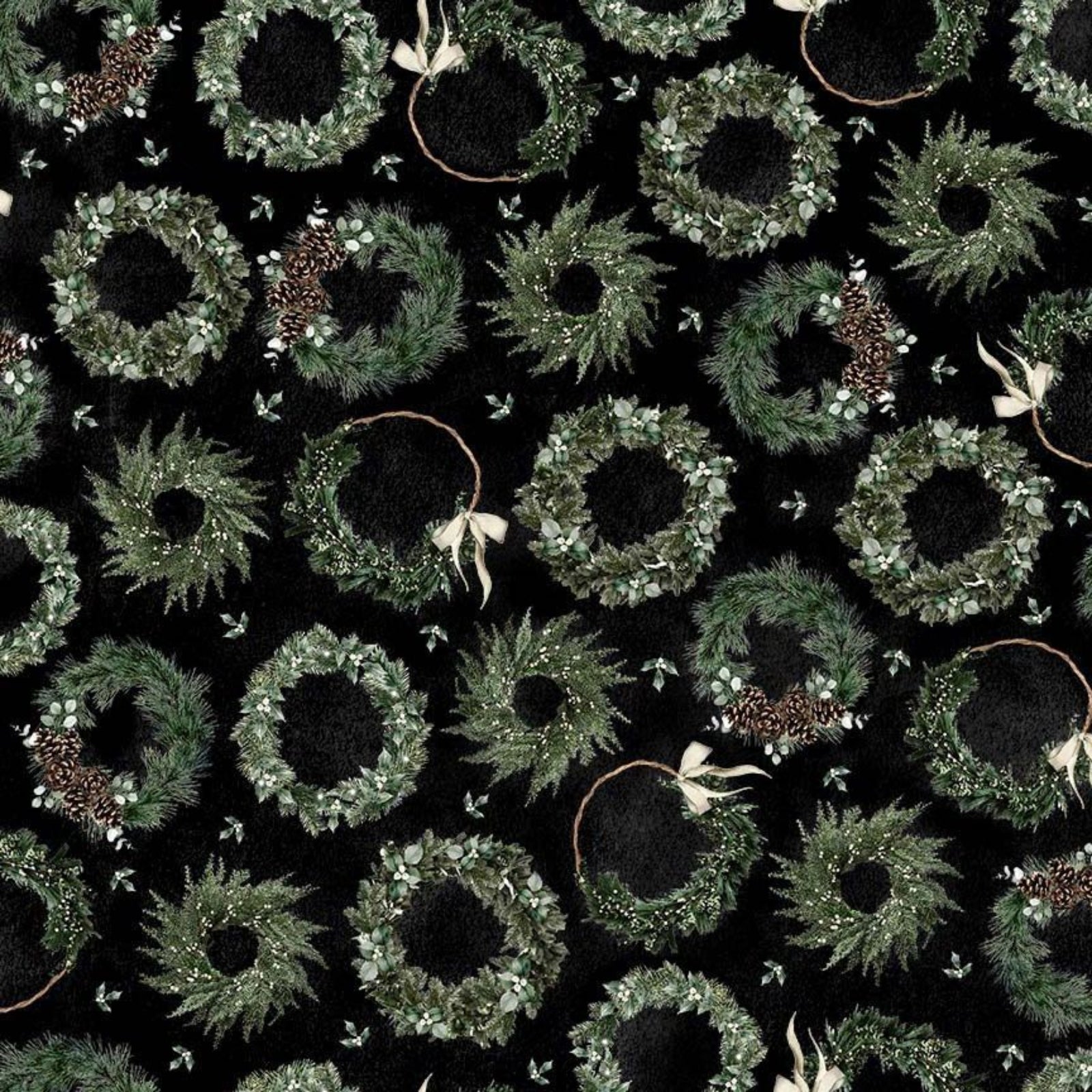A repeating pattern of green wreaths with white bows and small white berries on a black background.