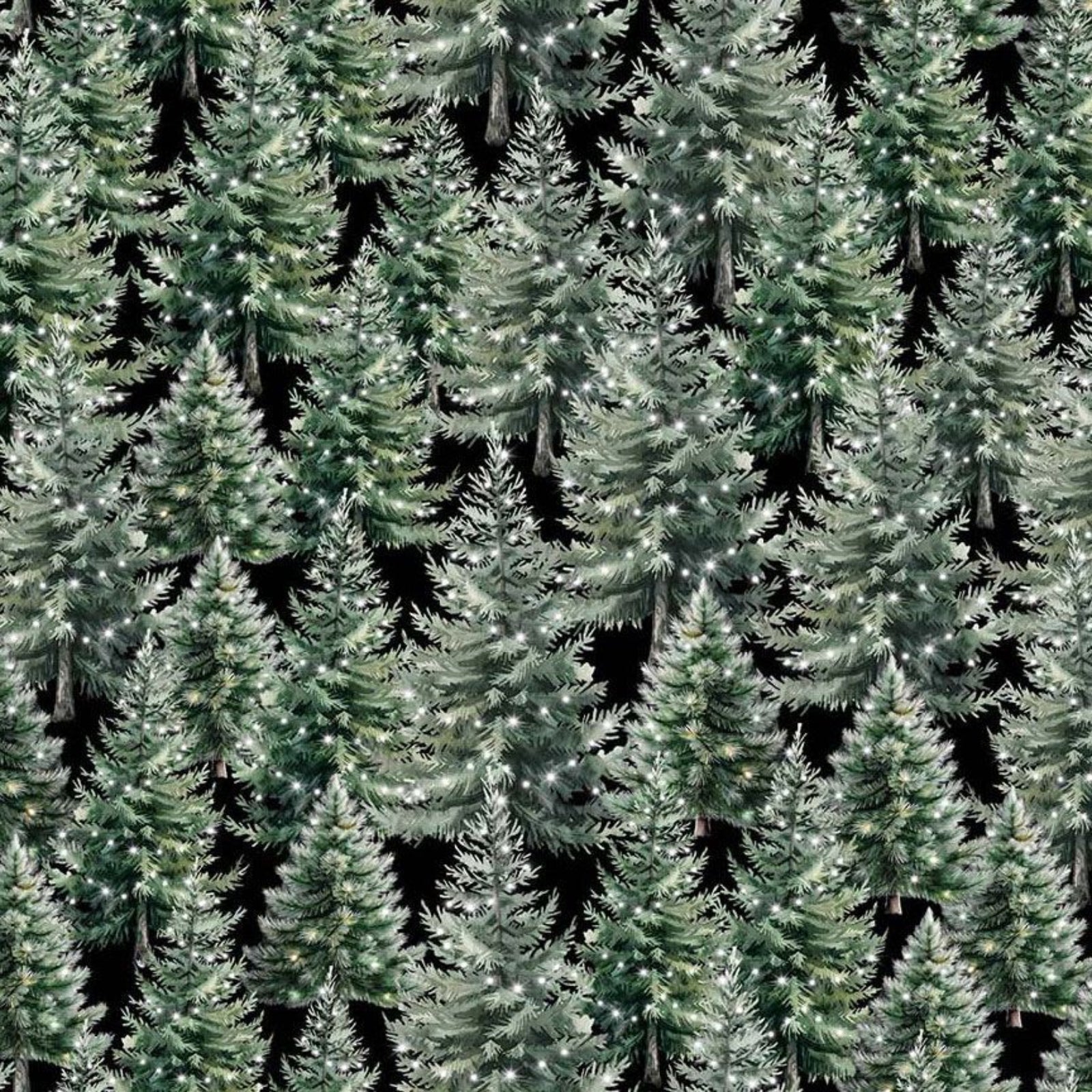 A repeating pattern of snow-covered evergreen trees in shades of green and white, set against a dark background.