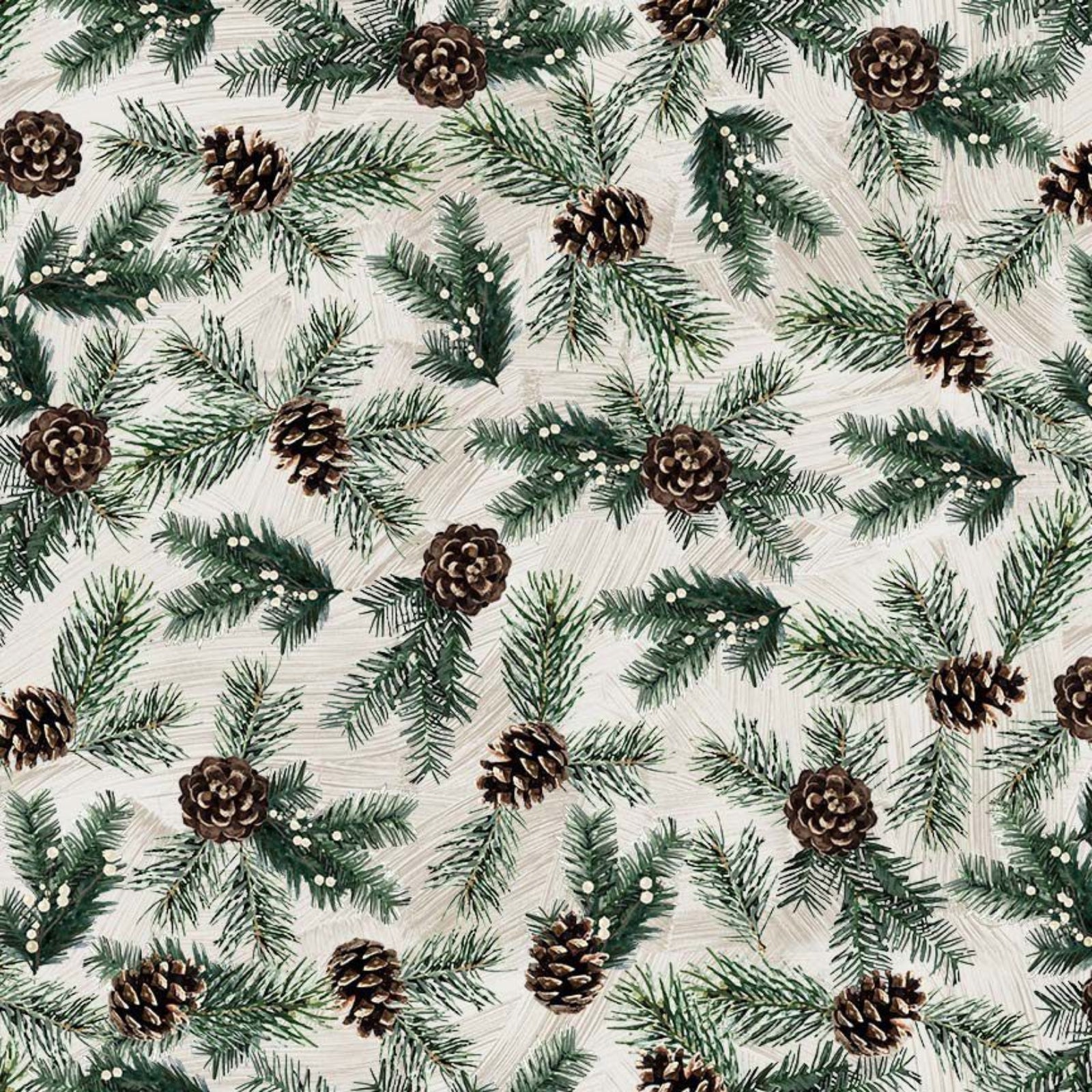 Pattern of pine branches and pinecones on a light background
