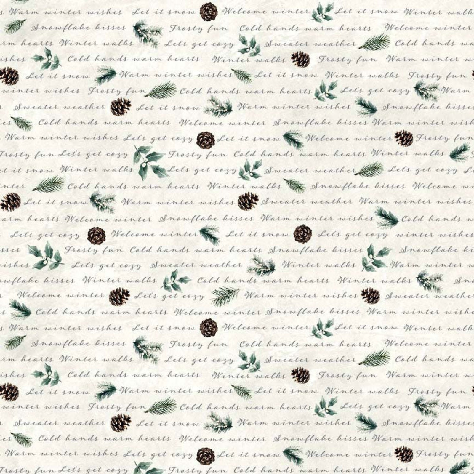 A repeating winter-themed pattern featuring pinecones, evergreen branches, and holly leaves over a light cream background with faint cursive text.