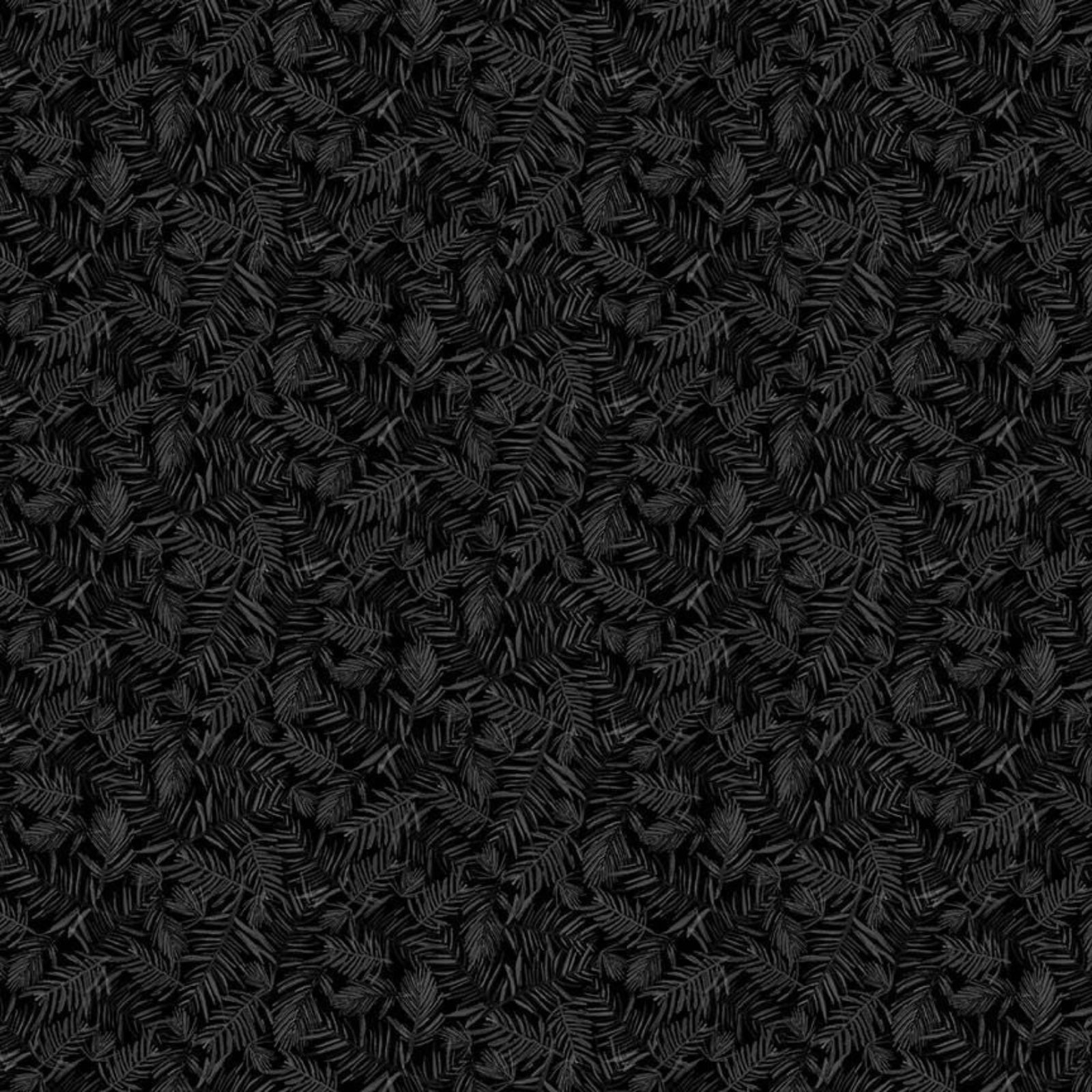 A close-up of a black textured fabric or wallpaper pattern featuring a dense, abstract leaf-like or pinecone-like motif in varying shades of black and charcoal.