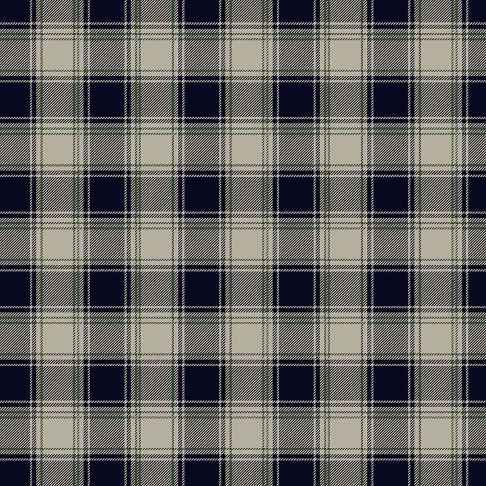 A close-up of a classic plaid fabric pattern featuring navy blue, charcoal gray, and light beige stripes.
