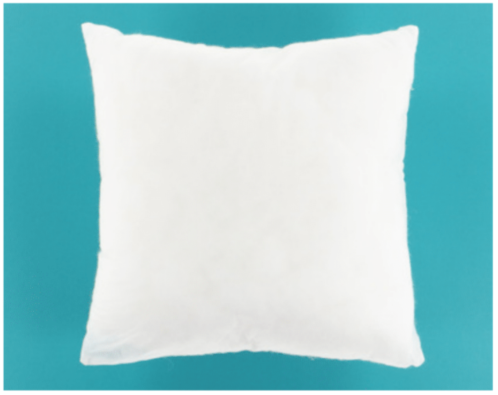 A plain white square throw pillow or cushion insert shown against a solid teal background.