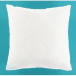 A plain white square throw pillow or cushion insert shown against a solid teal background.