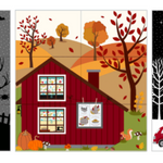 Three colorful illustrations of houses with Halloween and autumn themes.