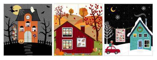 Three colorful illustrations of houses with Halloween and autumn themes.
