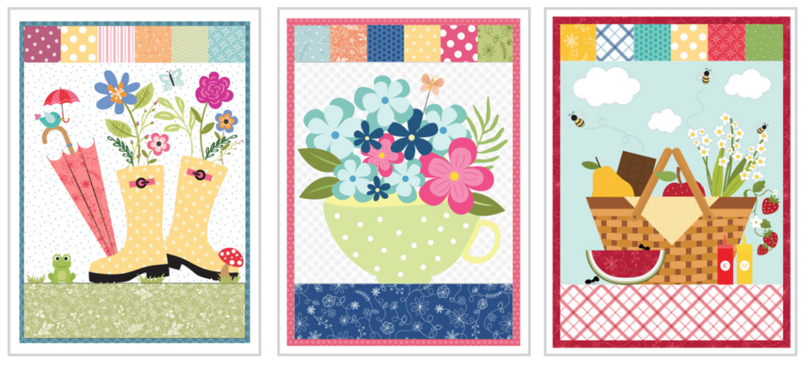 Three vertical quilted art cards with whimsical spring-themed illustrations, including rain boots with flowers and an umbrella, a floral teacup, and a picnic basket, shown side by side on a white background.