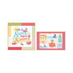 Two square summer-themed card designs shown on a plain white background. The left card features the phrase 'Oh, the Sweet Days of Summer' with flamingos, a watermelon slice, and beach motifs.