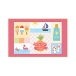 A square beach-themed patchwork fabric or rug featuring summer illustrations like popsicles, a sailboat, sunscreen bottle, flamingo, flip-flops, and a pineapple with the text 'Sunny Days Ahead!' on a white background.