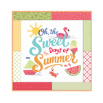 A square decorative print or card featuring the phrase “Oh, the Sweet Days of Summer” in playful multicolor lettering, surrounded by summer-themed illustrations including a flamingo, sailboat, watermelon, ice cream cone, crab, and sun. The design is framed by a patchwork border in pastel green, pink, yellow, and white patterns.