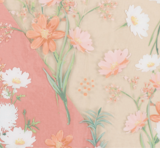 Floral pattern with pink, orange, and white flowers on a beige background