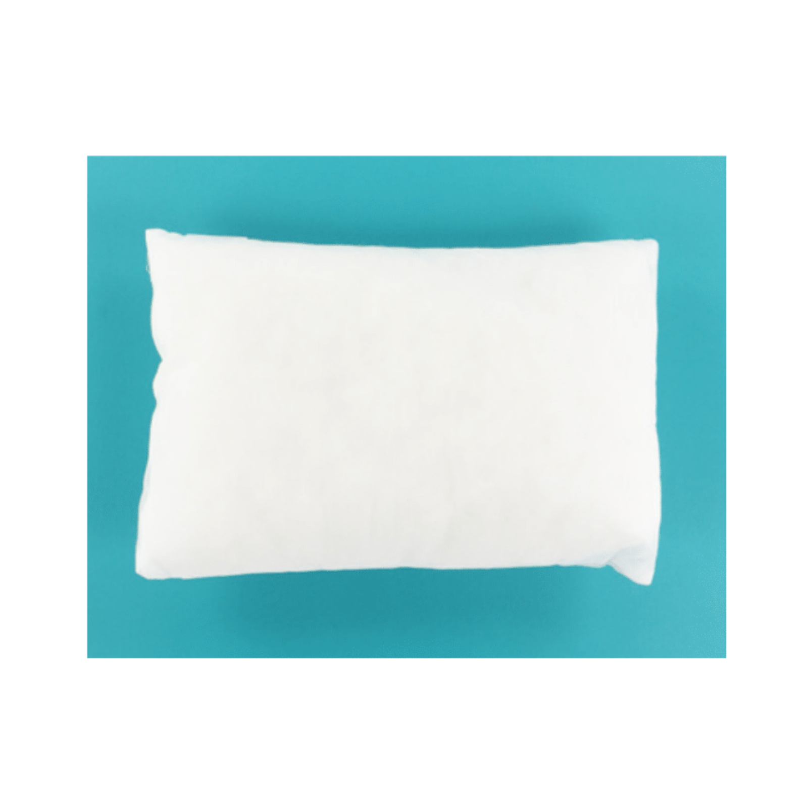 A plain white rectangular pillow or cushion shown from above on a bright turquoise background.