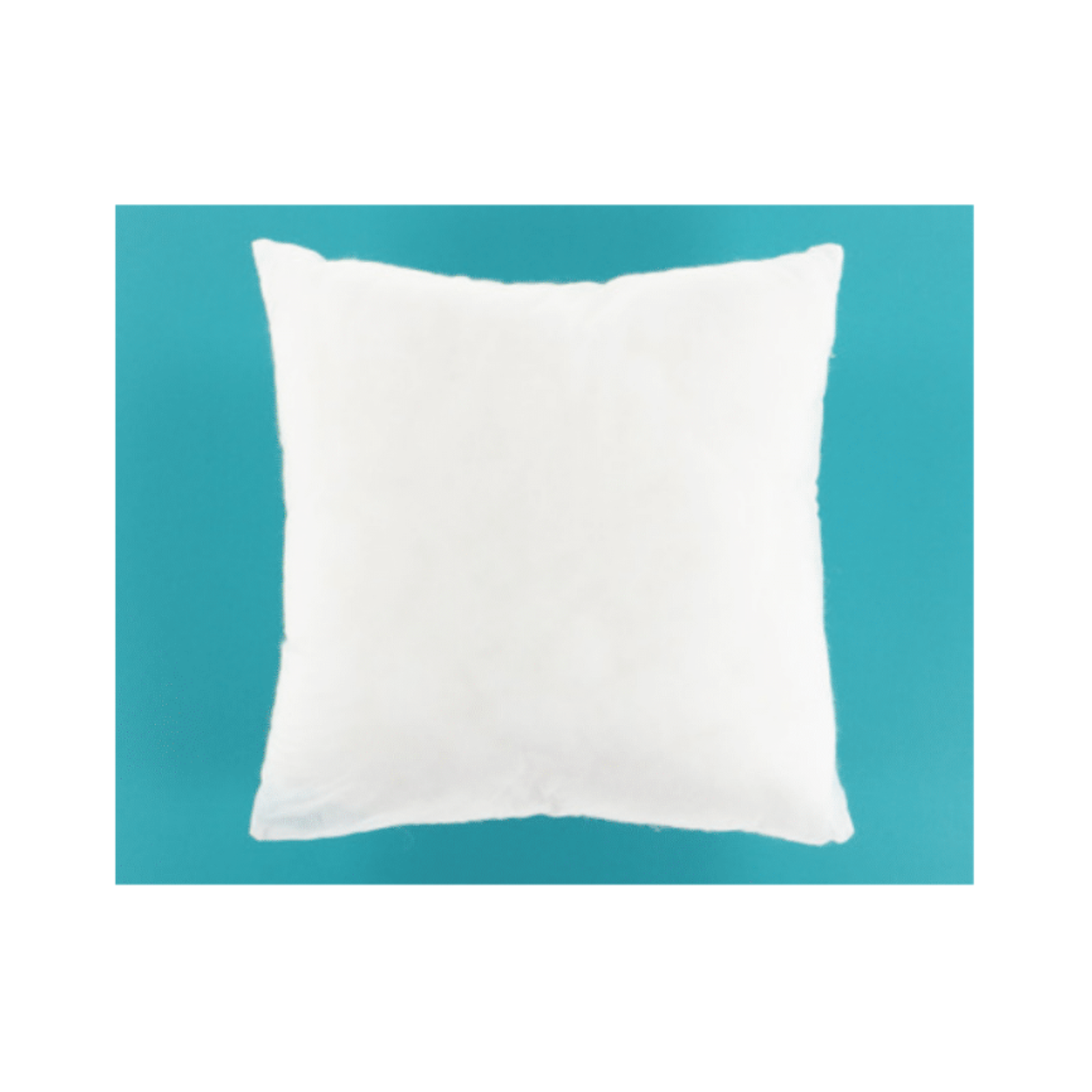 A square white throw pillow centered on a solid teal background.