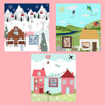 Set of three illustrated scenes with houses and landscapes on a pink background