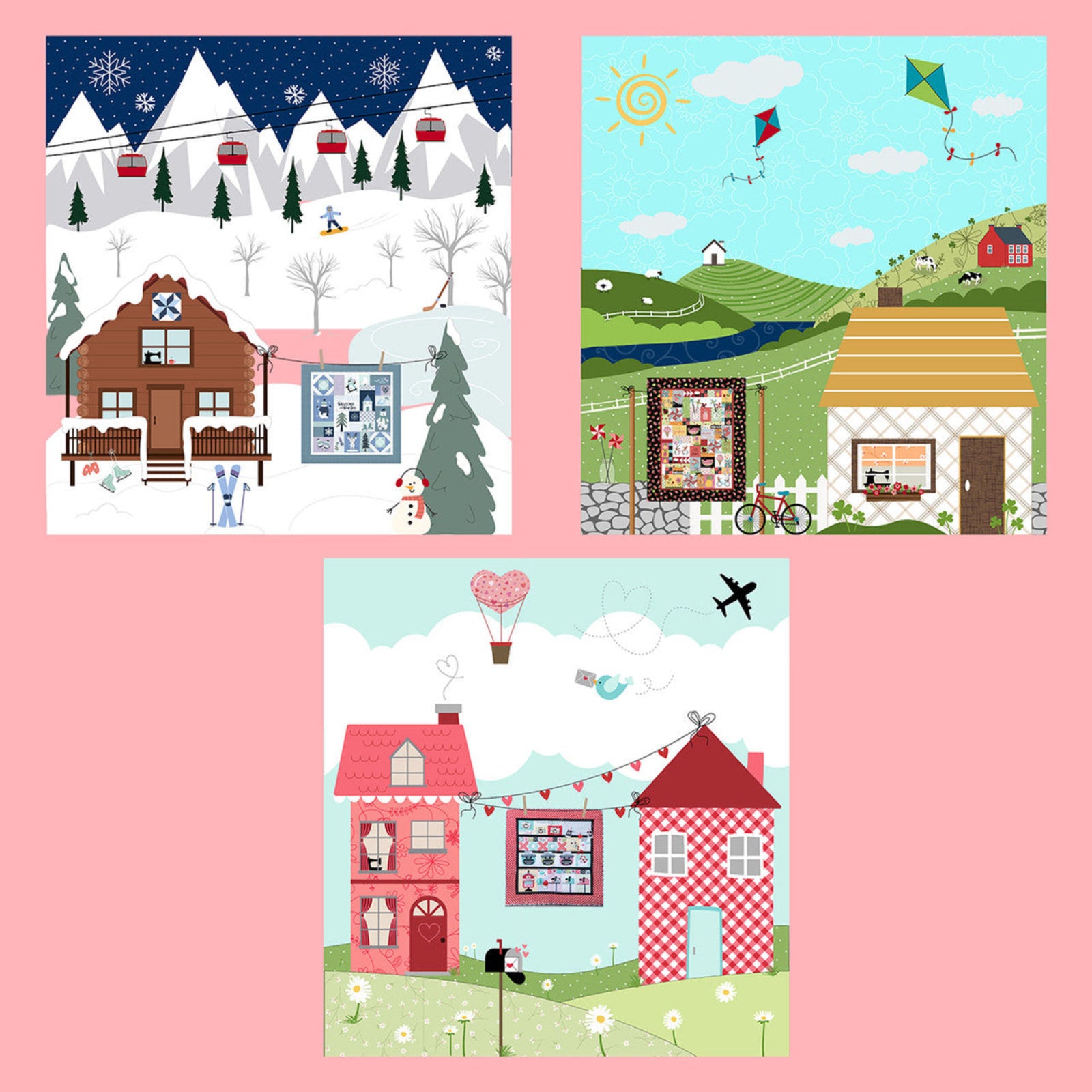 Set of three illustrated scenes with houses and landscapes on a pink background