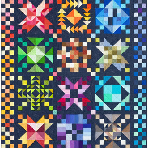 Colorful quilt with geometric patterns on a dark blue background
