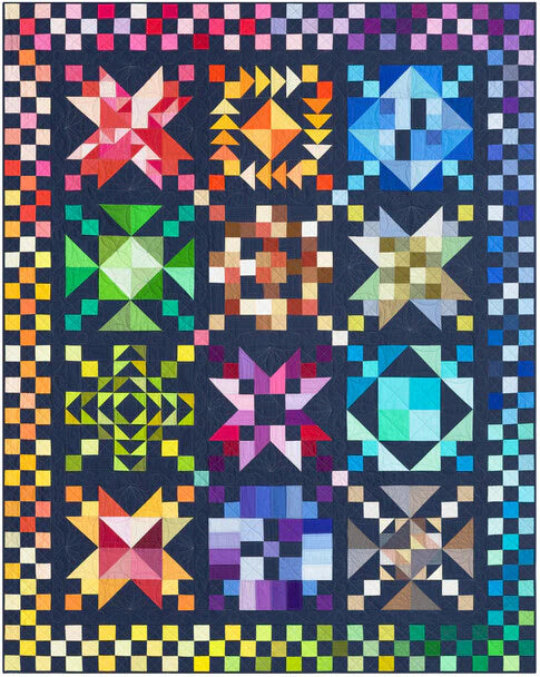 Colorful quilt with geometric patterns on a dark blue background
