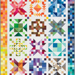Colorful quilt with geometric patterns on a white background
