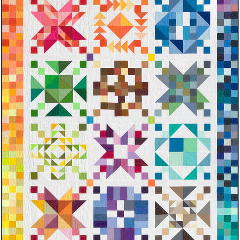 Colorful quilt with geometric patterns on a white background