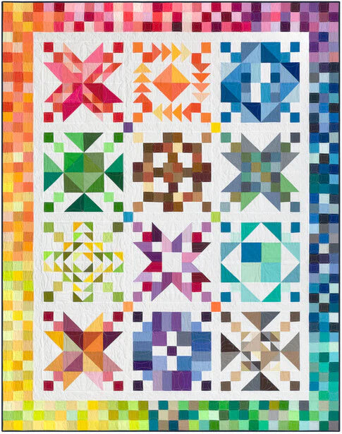 Colorful quilt with geometric patterns on a white background
