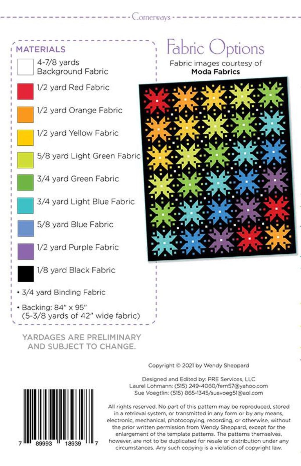 Fabric option chart for a quilt with colorful star pattern, courtesy of Moda Fabrics.