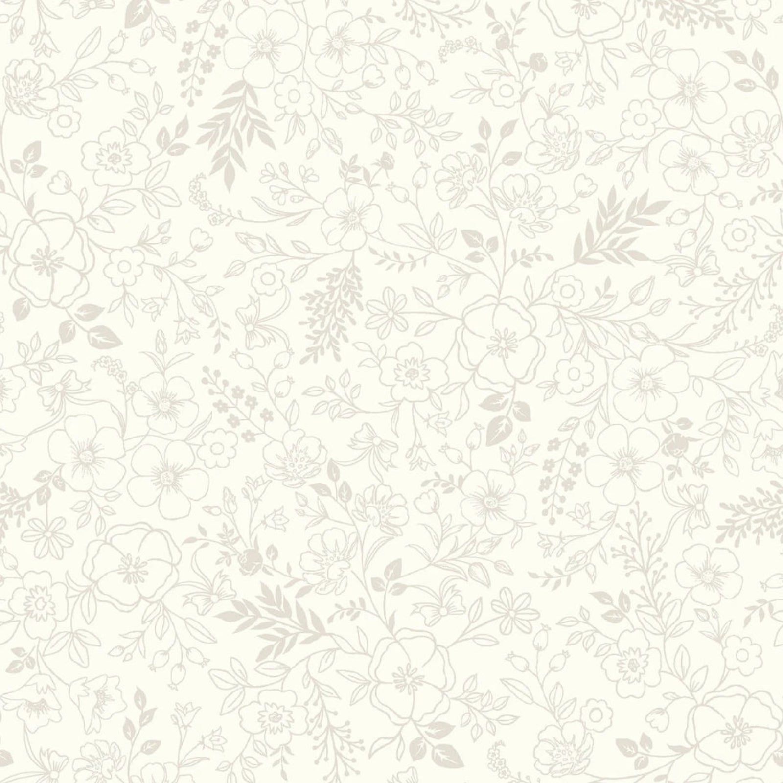 A repeating floral line-art pattern in soft taupe on an off-white background, shown as a flat all-over surface design.