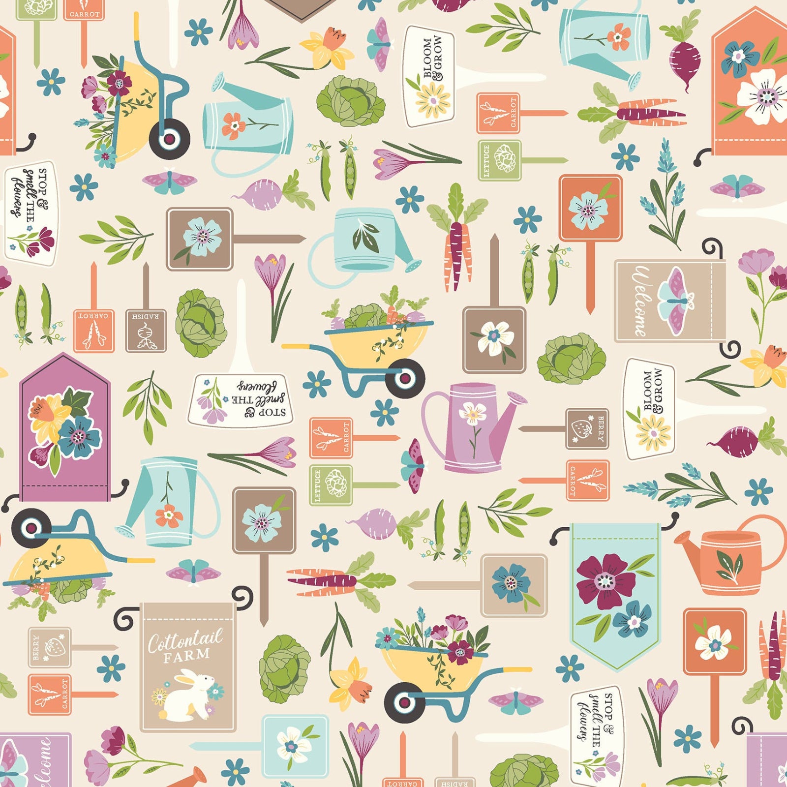 Patterned fabric with gardening-themed designs including wheelbarrows, watering cans, and plants on a beige background.