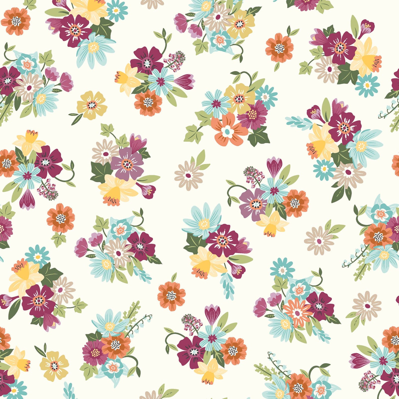 Pattern of colorful flowers on a white background