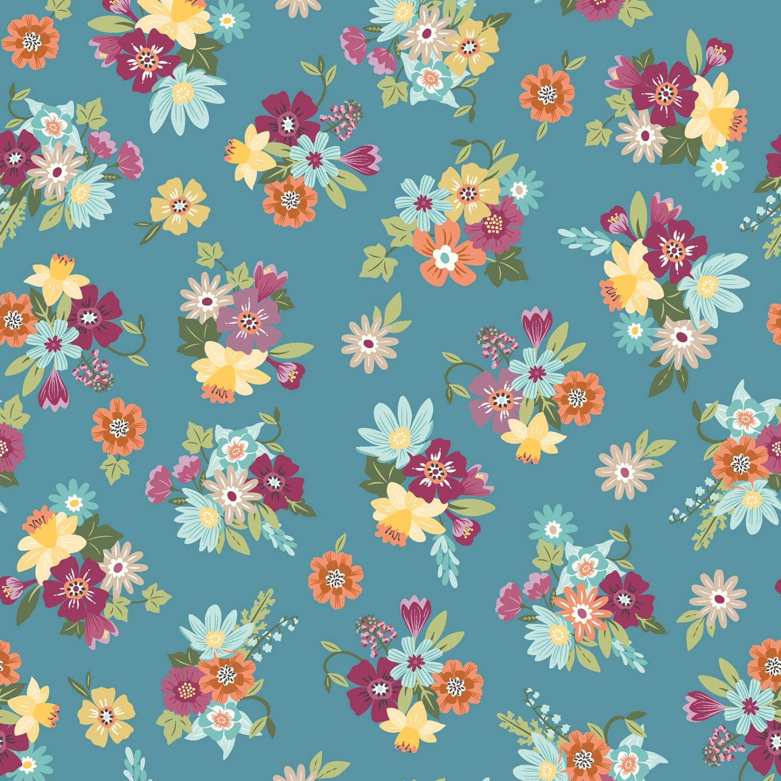 Floral pattern with colorful flowers on a blue background