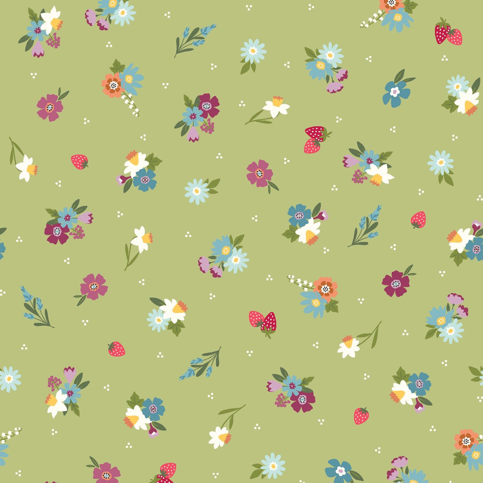Pattern of small colorful flowers on a green background