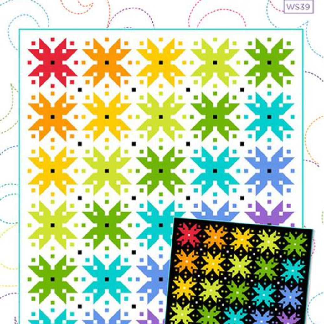 Quilt pattern with colorful star designs on a white background, featuring the brand 'Cornerways'.
