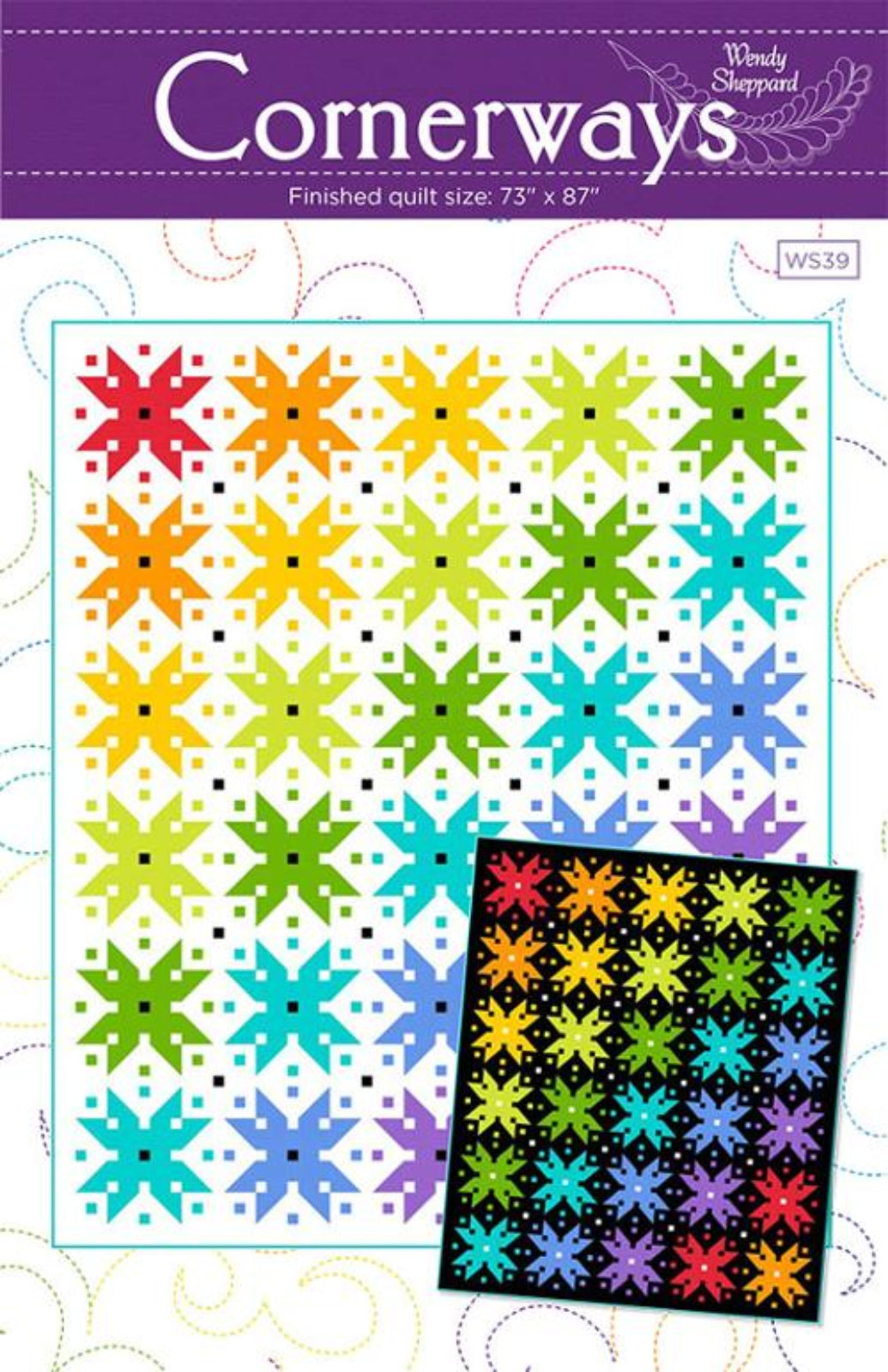 Quilt pattern with colorful star designs on a white background, featuring the brand 'Cornerways'.