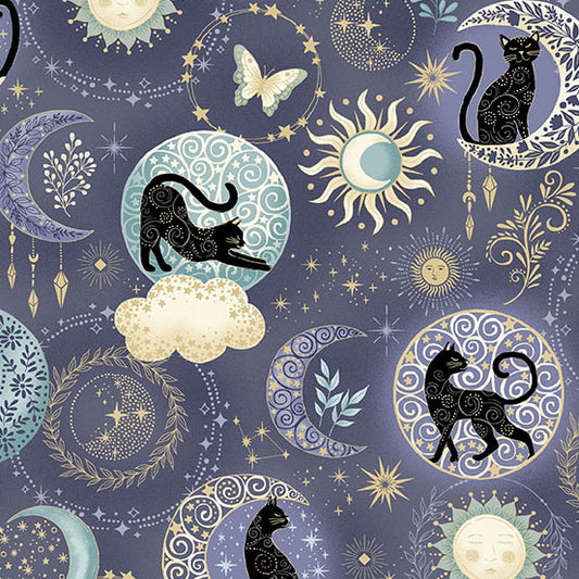 Pattern of cats, moons, suns, and stars on a dark blue background
