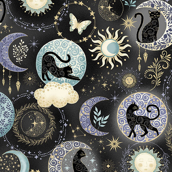 Pattern of cats, moons, suns, and stars on a dark background