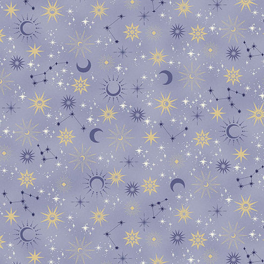 Pattern of celestial elements like stars, moons, and constellations on a purple background.