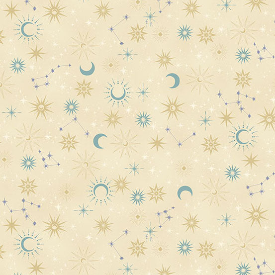 Pattern of celestial elements like stars, moons, and constellations on a beige background.