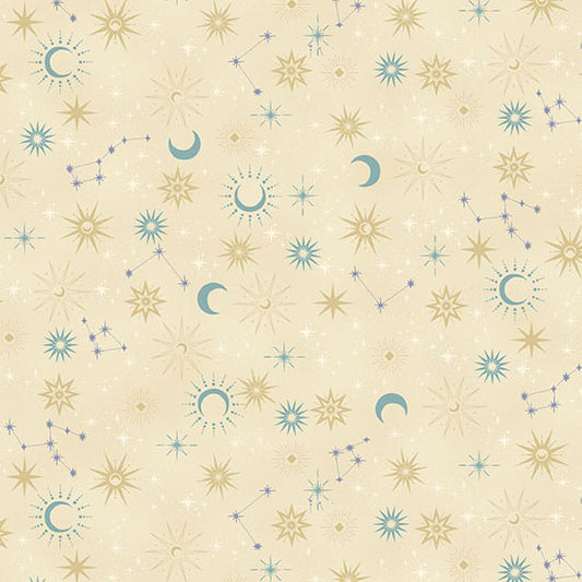 Pattern of celestial elements like stars, moons, and constellations on a beige background.