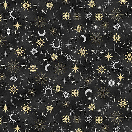 Pattern of celestial elements including stars, moons, and planets on a black background.