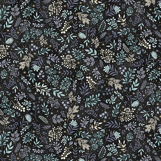 Pattern of green leaves and stars on a black background