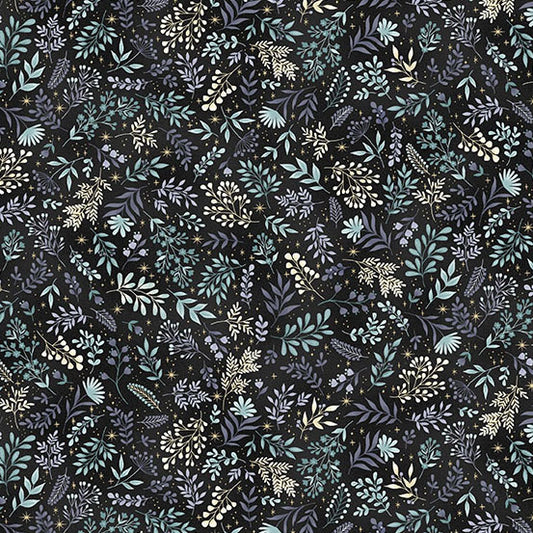 Pattern of green leaves and stars on a black background