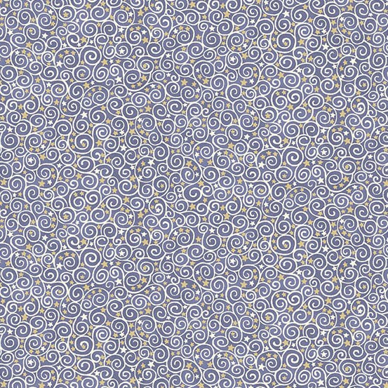Patterned fabric with swirls and stars on a blue background