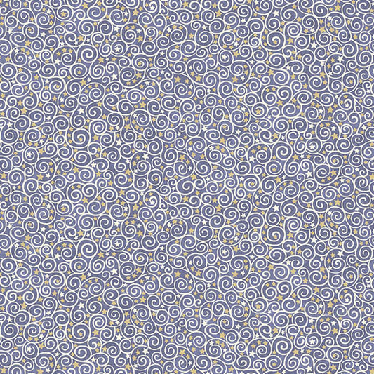 Patterned fabric with swirls and stars on a blue background