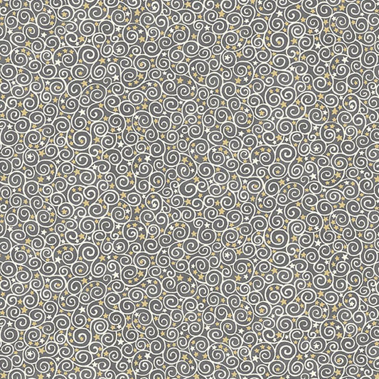Patterned fabric with swirls and stars on a gray background